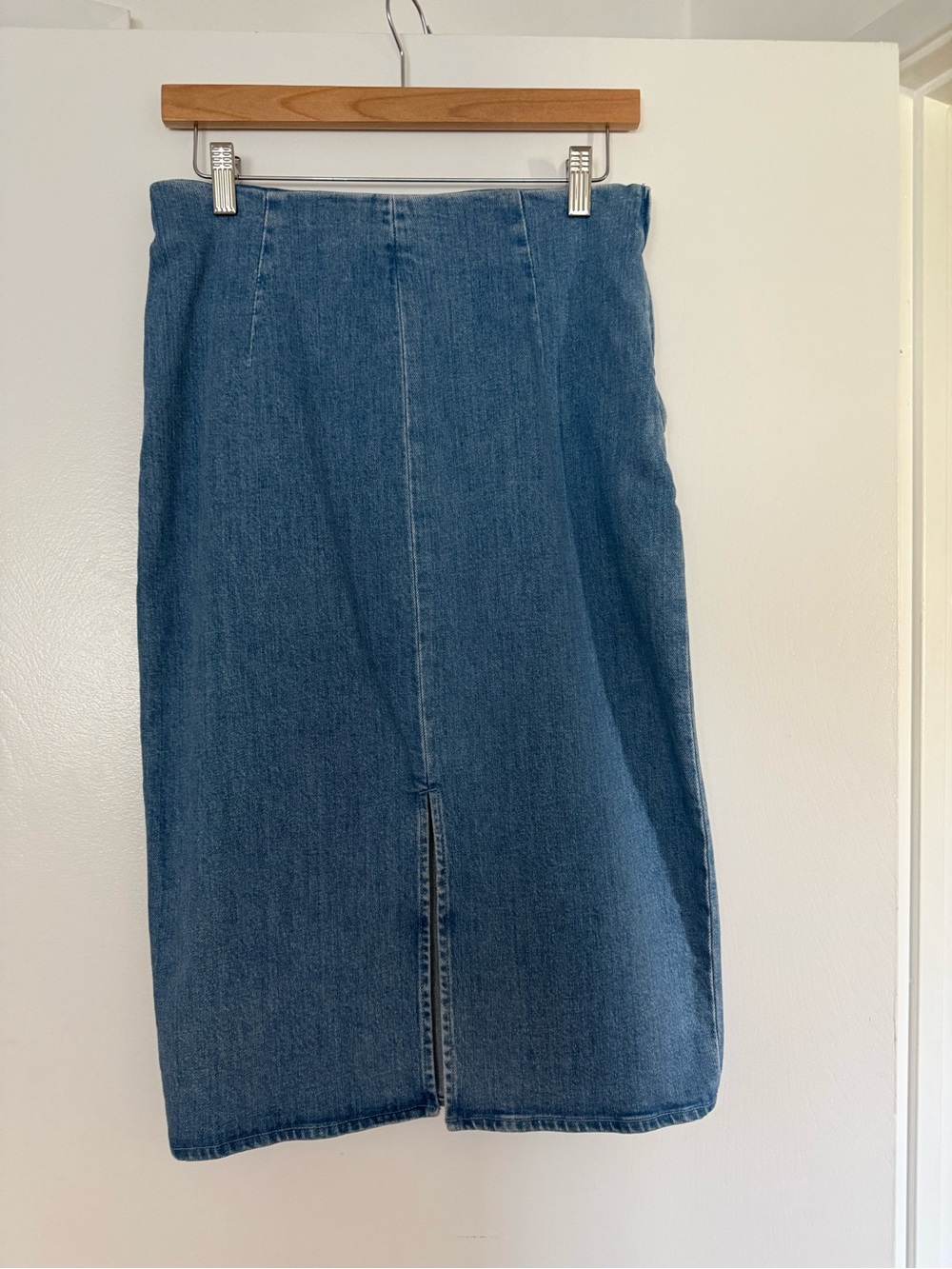 J. Crew Classic Denim Midi Skirt in Blue with Front Slit